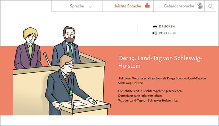 Leichte Sprache - Website Landtag Schleswig-Holstein Illustration Leichte Sprache und Barrierefreiheit auf der Website des Landtages Schleswig Holstein