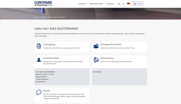 Übersicht P Card-Service im Endkundenportal "Mein Contipark"