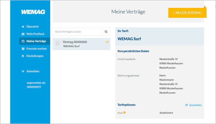 Anzeige eines Breitband-Vertrages im WEMAG Kundenportal