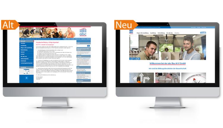 Aus alt mach neu: abc Bau Website Darstellung der neuen und der alten abc Bau Website auf zwei Bildschirmen
