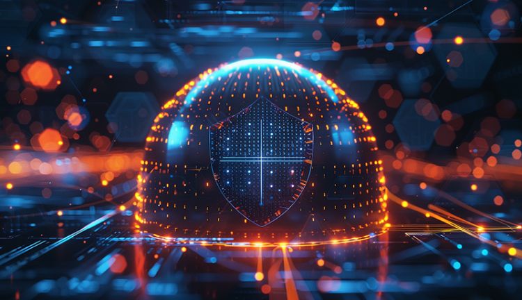 KI generierte Bild welches eine halbtransparente DDoS-Schutzkuppel darstellt, an der außen Störungen abprallen