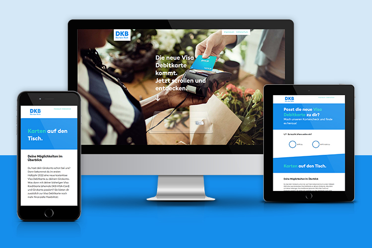 Der Onepager zur DKB Visa Debitkarte auf Smartphone, Desktop und Tablet Der Onepager zur DKB Visa Debitkarte auf Smartphone, Desktop und Tablet