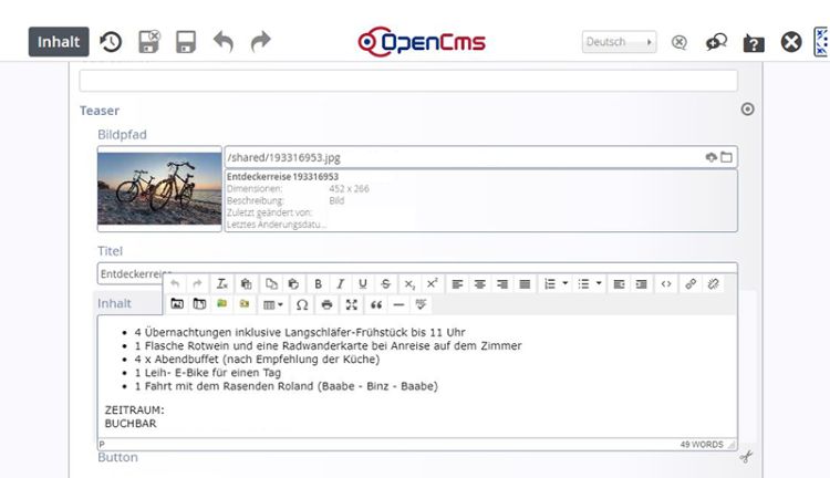 einfache Bearbeitung mit OpenCMS Ansicht des Open CMS Bearbeitungsfensters