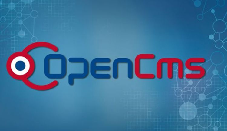 Abbildung OpenCms Grafik mit blauem Hintergrund und OpenCms Logo
