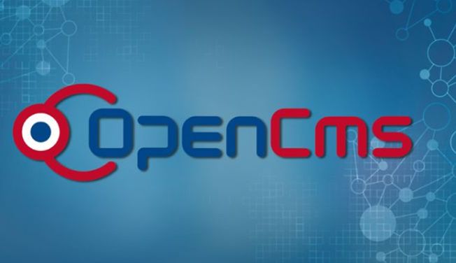 Abbildung Open CMS grafik mit blauem Hintergrund und Open CMS Logo
