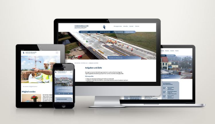 Abbildung der responsiven Website der Ingenieurkammer MV auf verschiedenen Endgeräten Abbildung der responsiven Website der Ingenieurkammer MV auf verschiedenen Endgeräten
