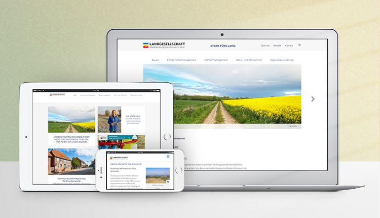 Webseite der Landgesellschaft MV auf Smartphone, Desktop-PC und Tablet