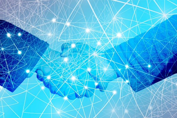 Händeschütteln Händeschütteln inmitten eines symbolischen digitalen Netzwerks