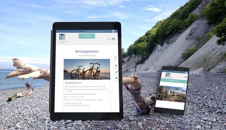 Auf allen Endgeräten ein hervorragendes Erlebnis Tablet und Smartphone mit Ansichten der R&R Hotels und Villen GbR am Steilküstenstrand von Ruegen
