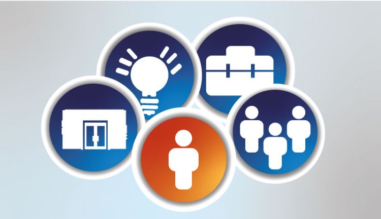 Alles aus einer Hand Icon Projektmanager umgeben von weiteren Icons wie Producer und Rechenzentrum