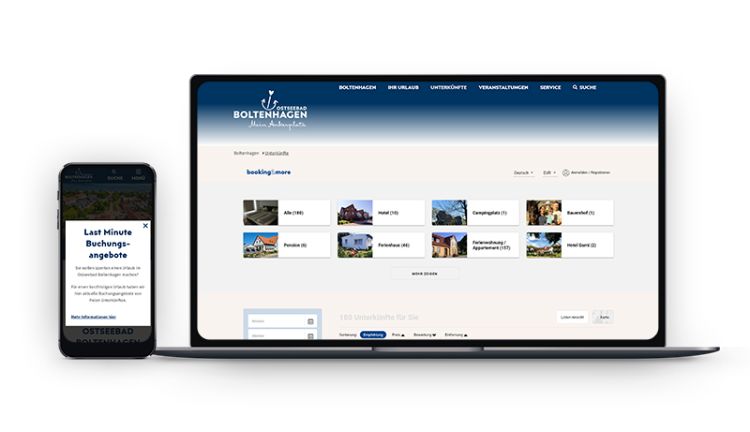 Darstellung Unterkunftssuche und Popup von Last-Minute-Buchungs­angeboten auf verschiedenen Geräten
