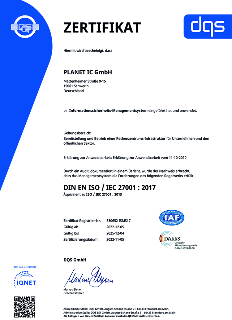 PLANET IC Zertifikat DIN EN ISO / IEC 27001 : 2017