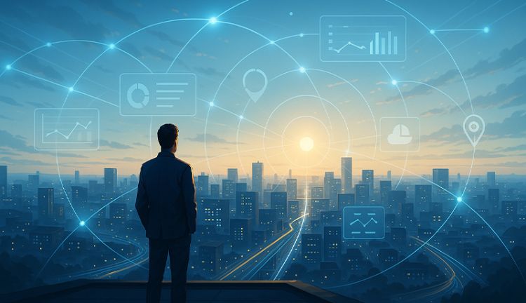 Blick in die Zukunft – Person auf digitalem Ausblick Eine Einzelperson steht auf einer Anhöhe oder Plattform und blickt in eine leuchtende, vernetzte Stadt.