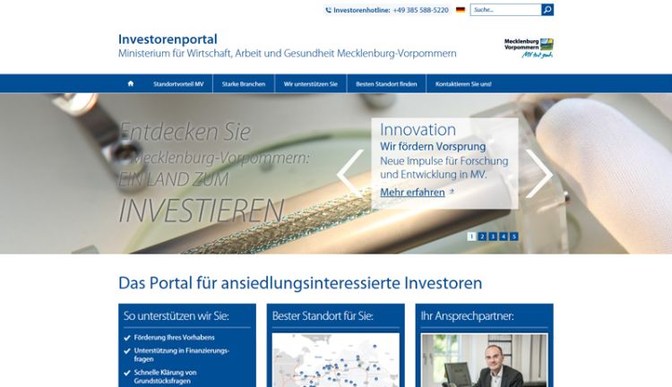Webseite vom Investorenportal - Ministeri­um für Wirt­schaft, Arbeit und Ge­sund­heit Meck­len­burg-Vor­pom­mern