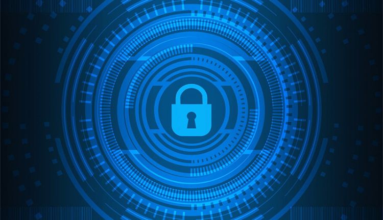 Vor Ransomware schützen Grafische Darstellung von digitialem Netzwerk mit einem Schloss in der Mitte