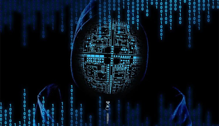 Vor Ransomware schützen Person mit blauer Jacke und einem digittalem Festplattengesicht ist umgeben von Nullen und Einsen