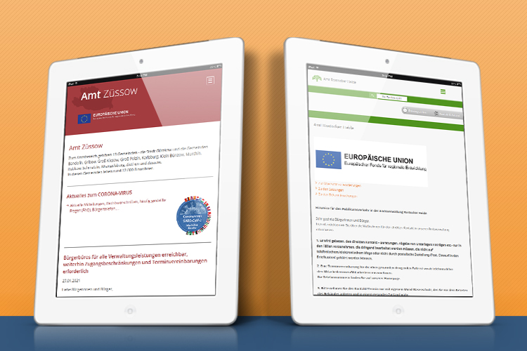 Websites des Amt Züssow und des Amt Rostocker Heide auf Tablets