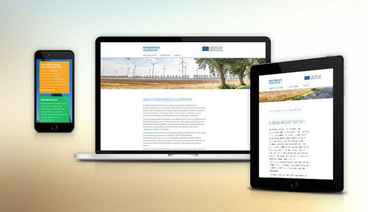 Die Website des Windenergieclusters M-V auf Smartphone, Desktop und Tablet